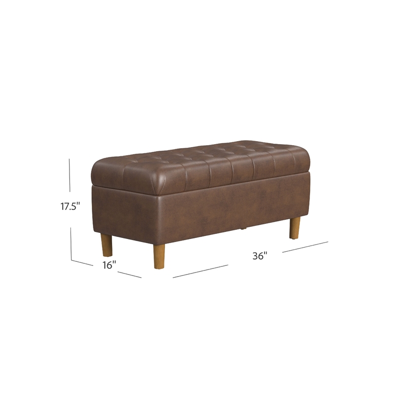 Benjara Sol Storage Bench Ottoman- Brown Faux Leather and Hardwood- 36 Inch