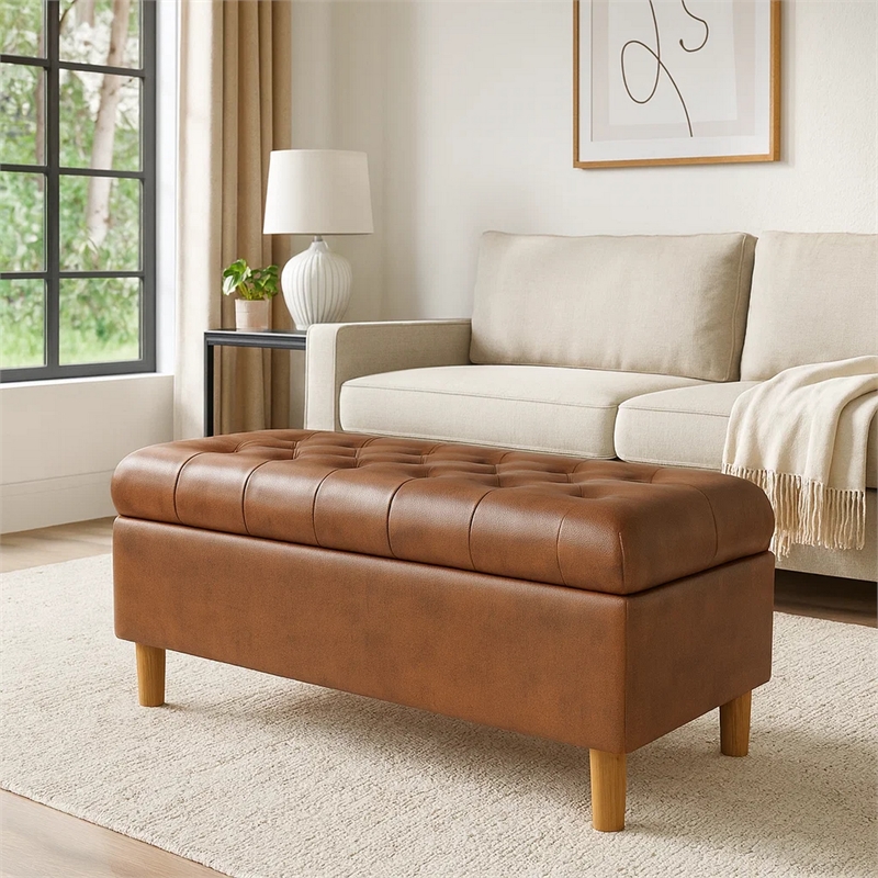 Benjara Sol Storage Bench Ottoman- Brown Faux Leather and Hardwood- 36 Inch