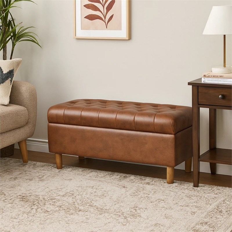 Benjara Sol Storage Bench Ottoman- Brown Faux Leather and Hardwood- 36 Inch
