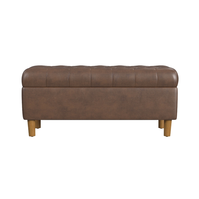 Benjara Sol Storage Bench Ottoman- Brown Faux Leather and Hardwood- 36 Inch