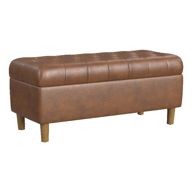 Benjara Sol Storage Bench Ottoman- Brown Faux Leather and Hardwood- 36 Inch