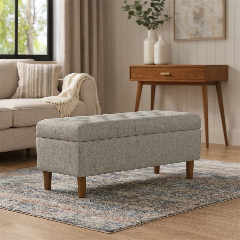 Benjara Sol Storage Bench Ottoman- Gray Woven Fabric- Brown Wood- 40 Inch