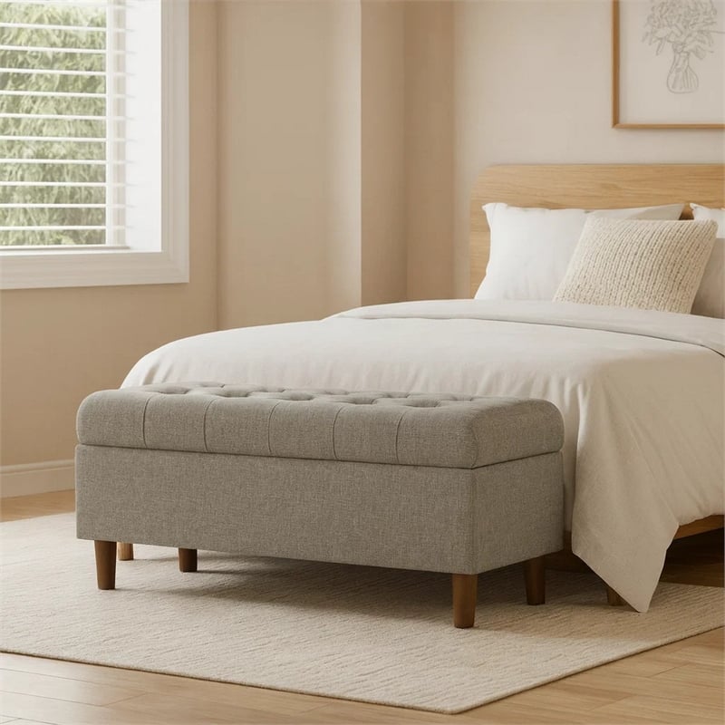 Benjara Sol Storage Bench Ottoman- Gray Woven Fabric- Brown Wood- 40 Inch