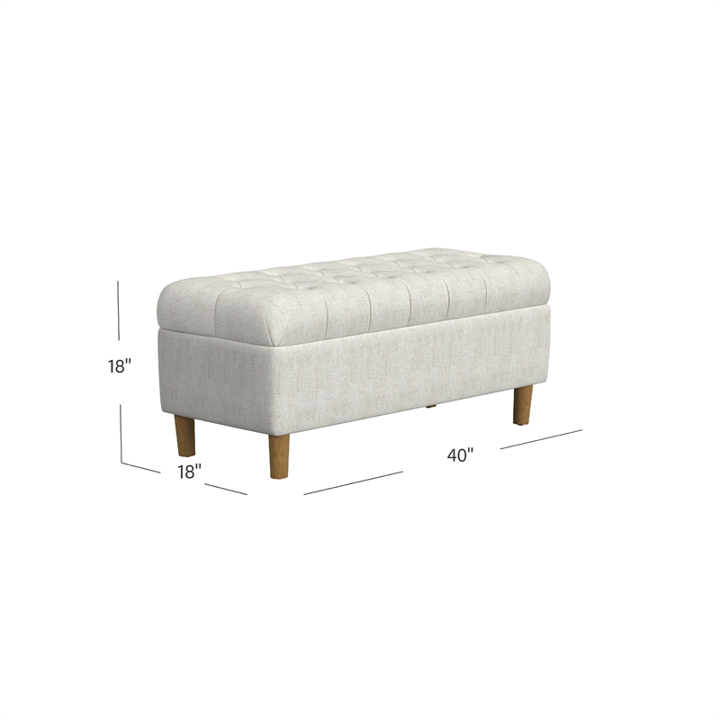 Benjara Sol Storage Bench Ottoman- Cream Woven Fabric- Brown Wood- 40 Inch