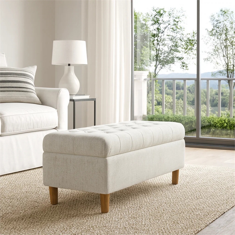 Benjara Sol Storage Bench Ottoman- Cream Woven Fabric- Brown Wood- 40 Inch