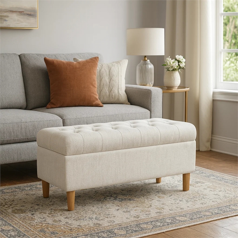 Benjara Sol Storage Bench Ottoman- Cream Woven Fabric- Brown Wood- 40 Inch