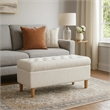 Benjara Sol Storage Bench Ottoman- Cream Woven Fabric- Brown Wood- 40 Inch