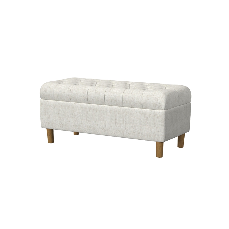 Benjara Sol Storage Bench Ottoman- Cream Woven Fabric- Brown Wood- 40 Inch