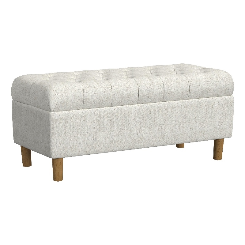 Benjara Sol Storage Bench Ottoman- Cream Woven Fabric- Brown Wood- 40 Inch