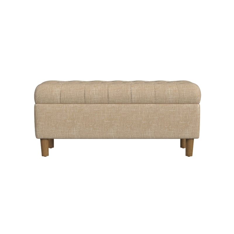 Benjara Sol Storage Bench Ottoman- Light Tan Woven Fabric- Brown Wood- 40 Inch
