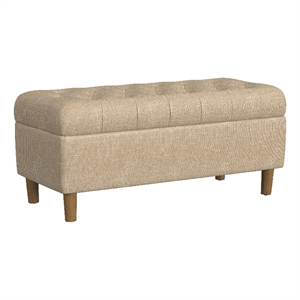 Benjara Sol Storage Bench Ottoman- Light Tan Woven Fabric- Brown Wood- 40 Inch