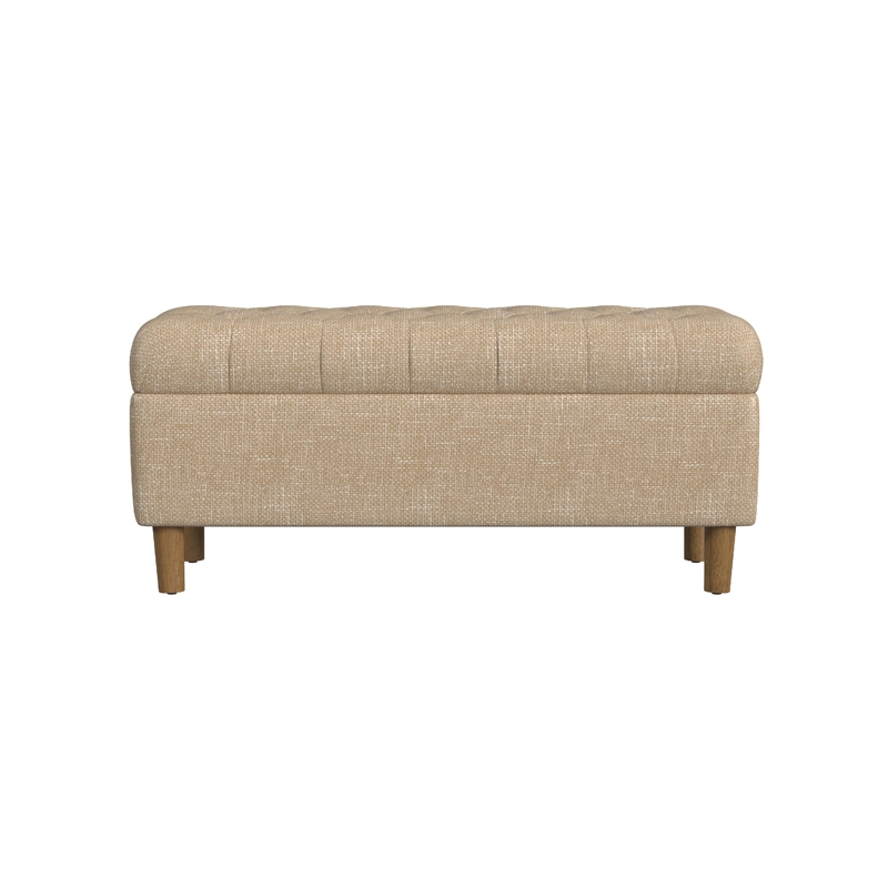Benjara Sol Storage Bench Ottoman- Light Tan Woven Fabric- Brown Wood- 40 Inch