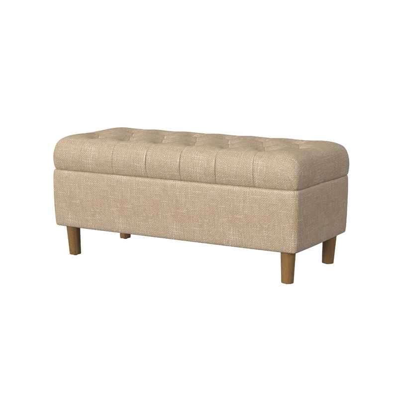 Benjara Sol Storage Bench Ottoman- Light Tan Woven Fabric- Brown Wood- 40 Inch