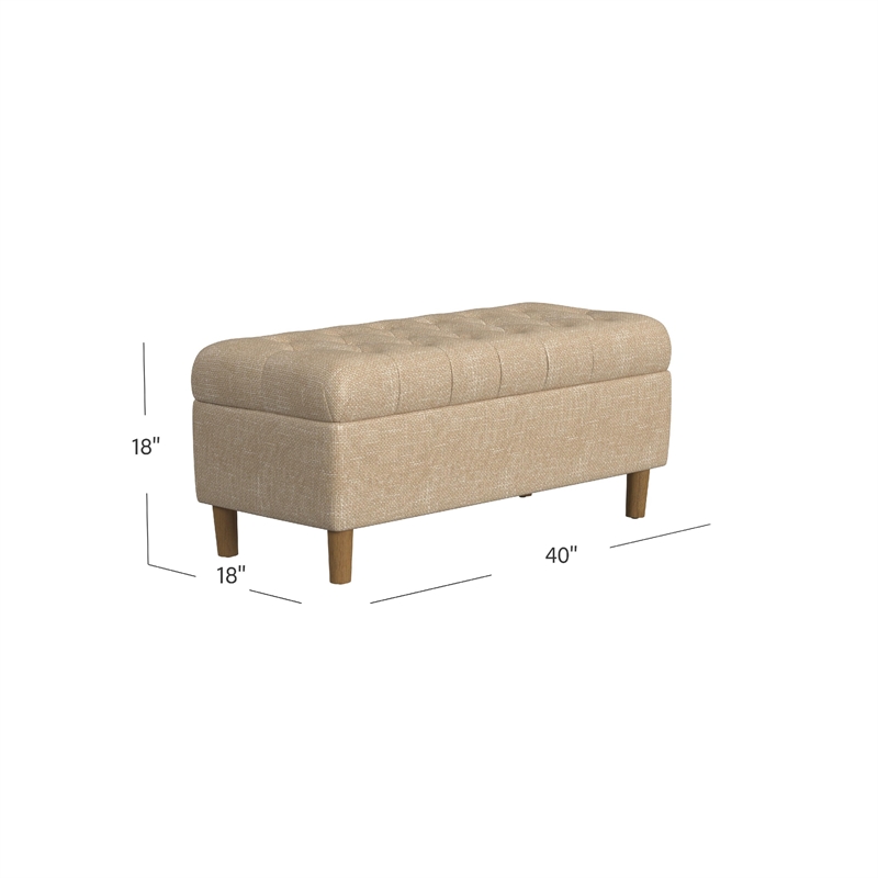 Benjara Sol Storage Bench Ottoman- Light Tan Woven Fabric- Brown Wood- 40 Inch