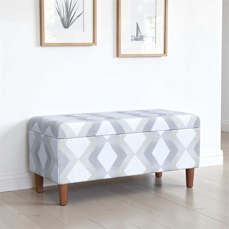 Benjara Zia Accent Storage Bench- Cream Gray Woven Diamond Pattern- 36 Inch