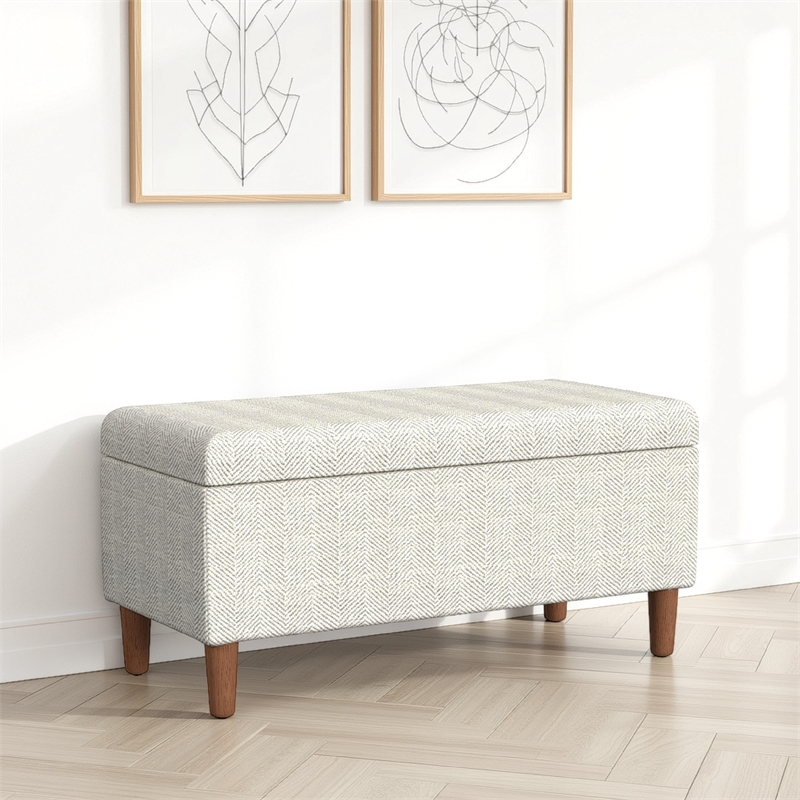 Benjara Zia Accent Storage Bench- Cream Chevron Woven Fabric- Brown- 36 Inch