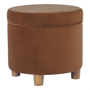 Benjara Gio Storage Ottoman- 19&quot Round Lift Top- Spice Brown Velvet Fabric