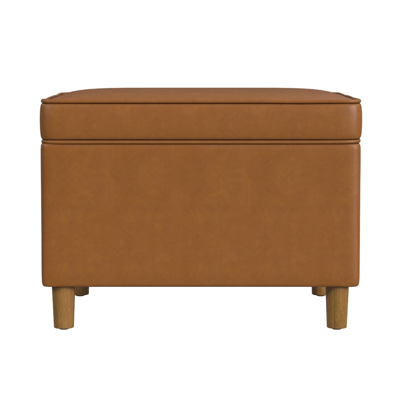 Benjara Fero Storage Ottoman- 24in Rectangular Hinged Lid- Brown Faux Leather