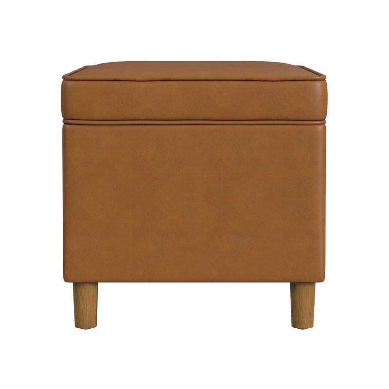 Benjara Fero Storage Ottoman- 24in Rectangular Hinged Lid- Brown Faux Leather