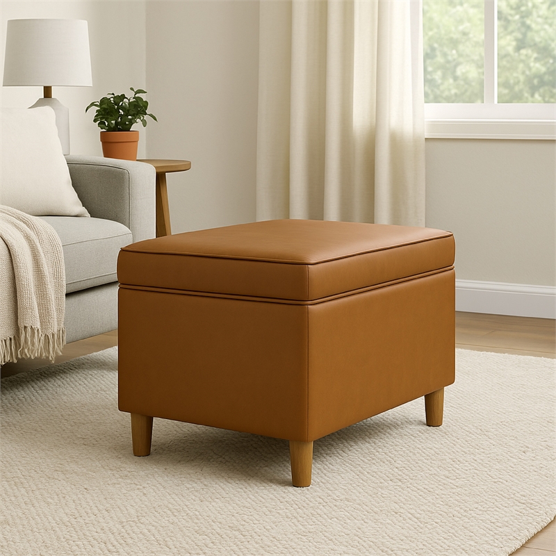Benjara Fero Storage Ottoman- 24in Rectangular Hinged Lid- Brown Faux Leather