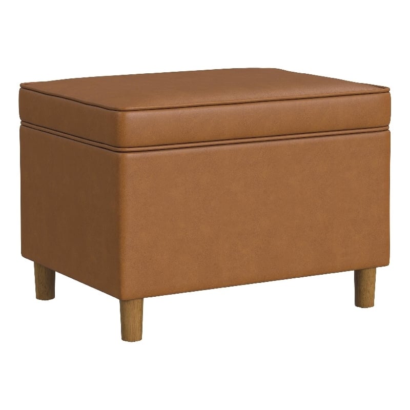 Benjara Fero Storage Ottoman- 24in Rectangular Hinged Lid- Brown Faux Leather