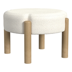 Benjara Eli 22&quot Ottoman Footstool- Cream Boucle and Natural Brown Hardwood