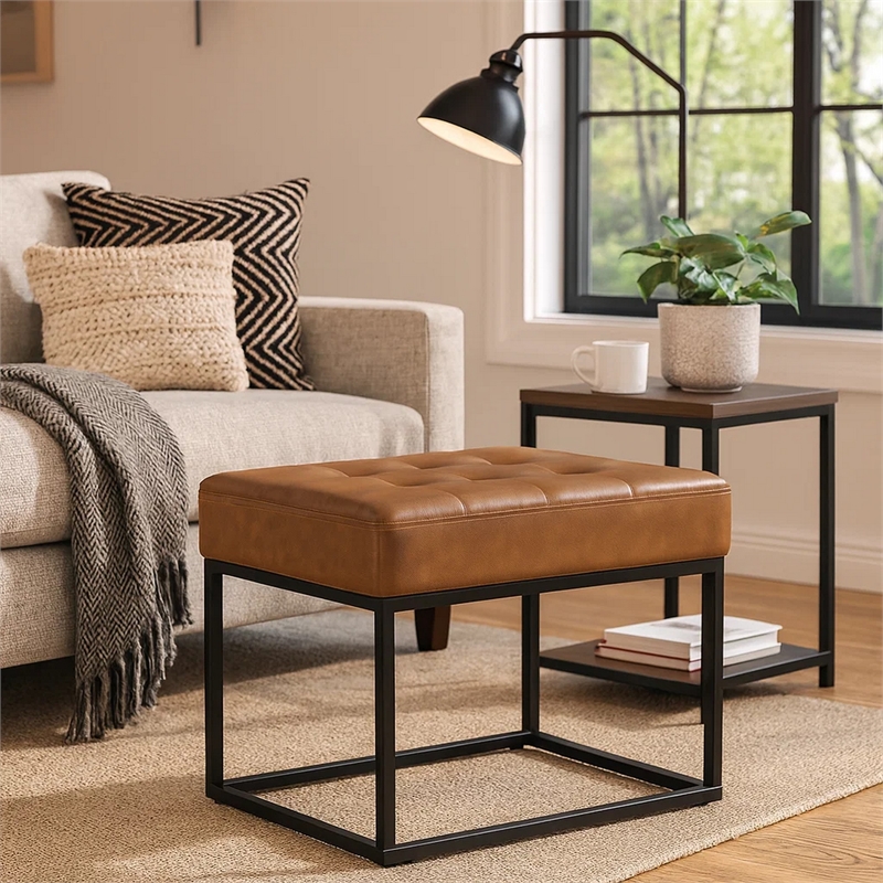 Benjara Kai Ottoman Footstool- Carmel Brown Faux Leather- Black Metal- 22 Inch