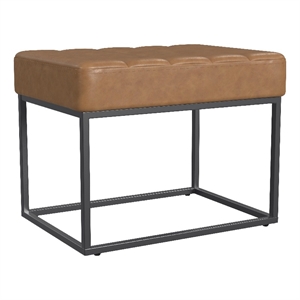 Benjara Kai Ottoman Footstool- Carmel Brown Faux Leather- Black Metal- 22 Inch