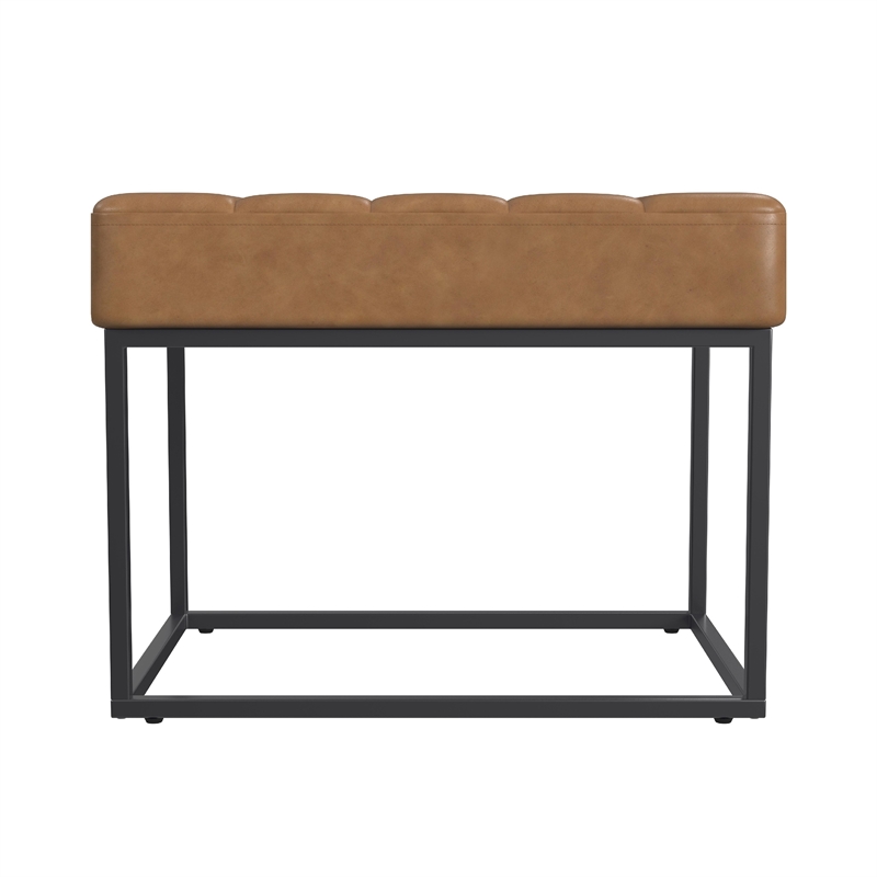 Benjara Kai Ottoman Footstool- Carmel Brown Faux Leather- Black Metal- 22 Inch