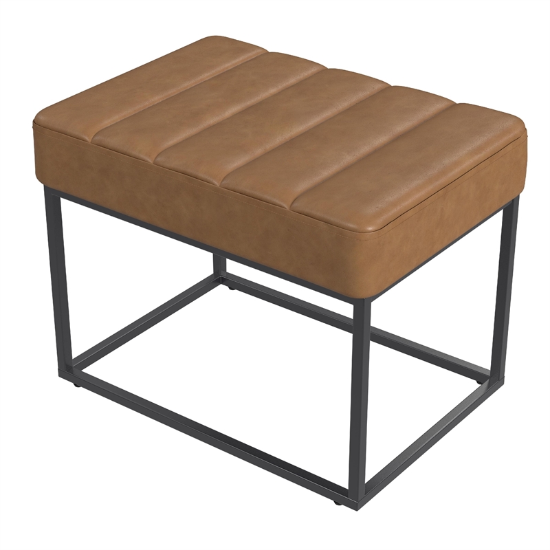 Benjara Kai Ottoman Footstool- Carmel Brown Faux Leather- Black Metal- 22 Inch
