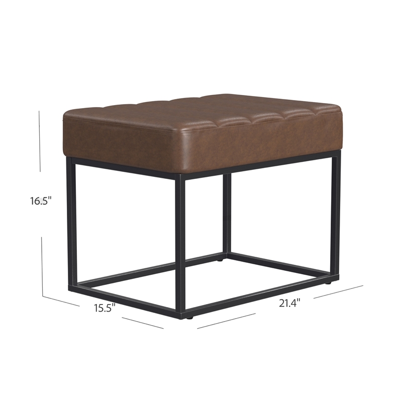 Benjara Kai Ottoman Footstool- Dark Brown Faux Leather- Black Metal- 22 Inch