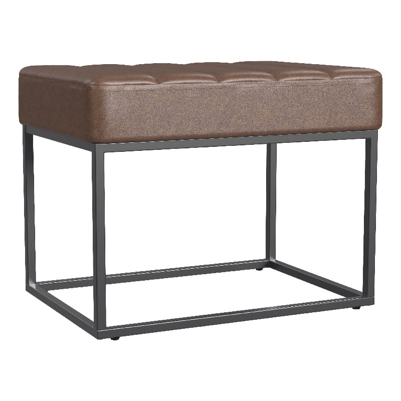 Benjara Kai Ottoman Footstool- Dark Brown Faux Leather- Black Metal- 22 Inch