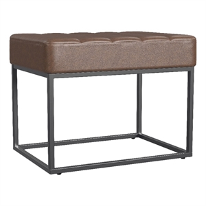 Benjara Kai Ottoman Footstool- Dark Brown Faux Leather- Black Metal- 22 Inch