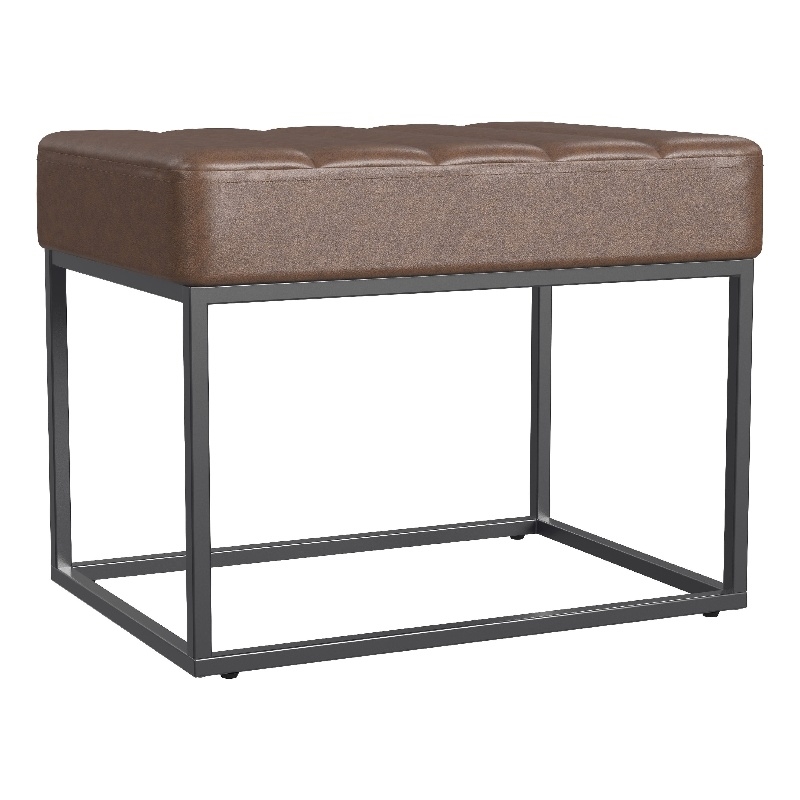 Benjara Kai Ottoman Footstool- Dark Brown Faux Leather- Black Metal- 22 Inch