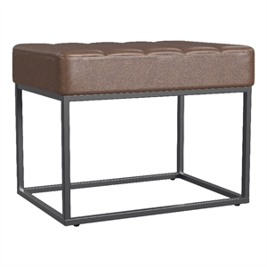 Benjara Kai Ottoman Footstool- Dark Brown Faux Leather- Black Metal- 22 Inch