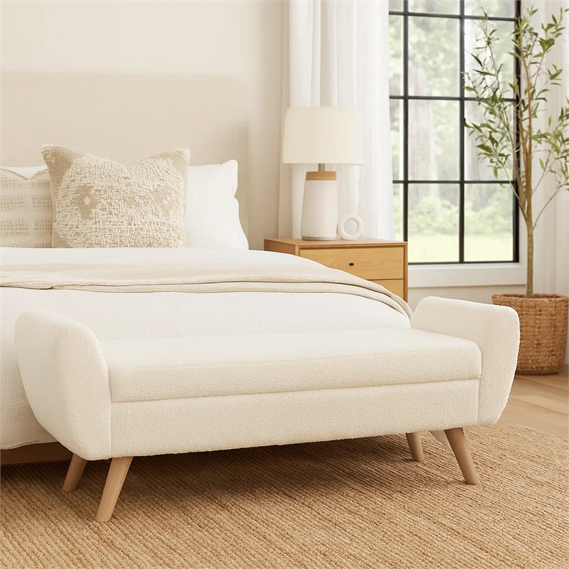 Benjara Rae Storage Bench Ottoman with Arms- Cream Sherpa- Brown- 60 Inch