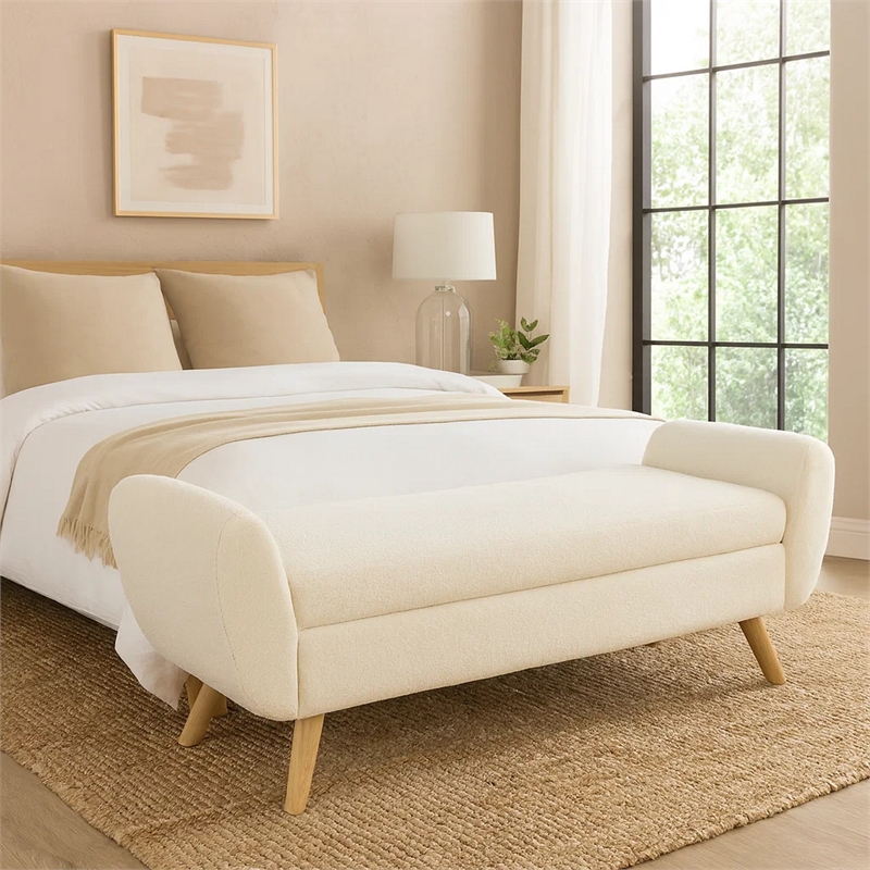 Benjara Rae Storage Bench Ottoman with Arms- Cream Sherpa- Brown- 60 Inch