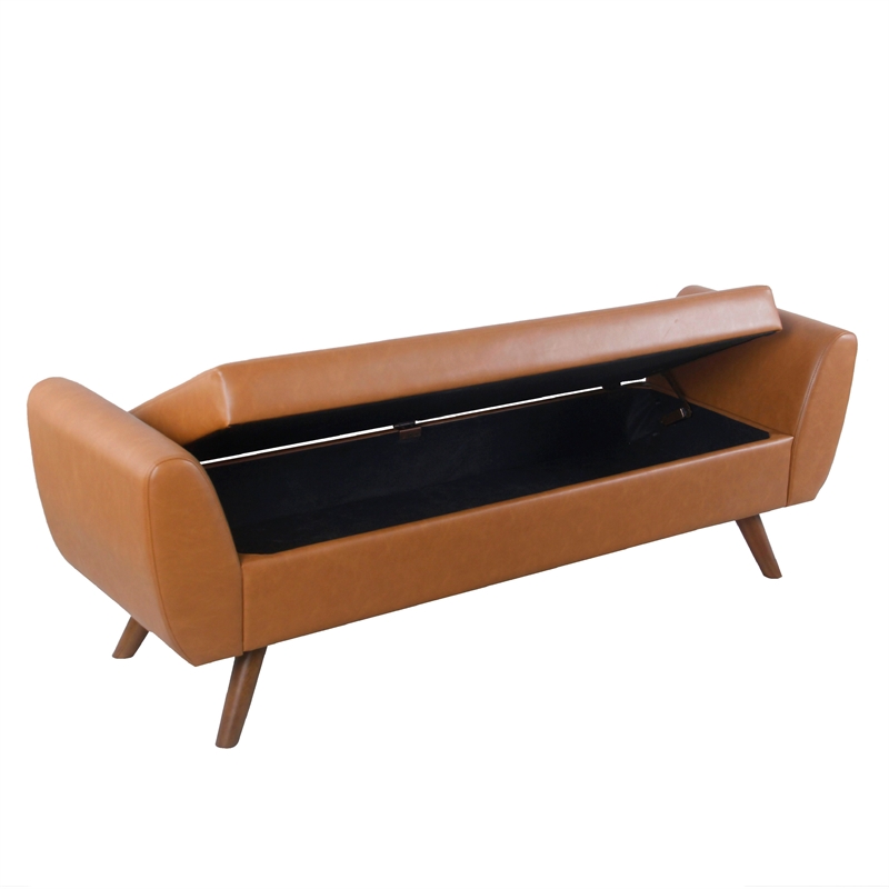 Benjara Rae Storage Bench Ottoman with Arms- Brown Faux Leather- Wood- 60 Inch