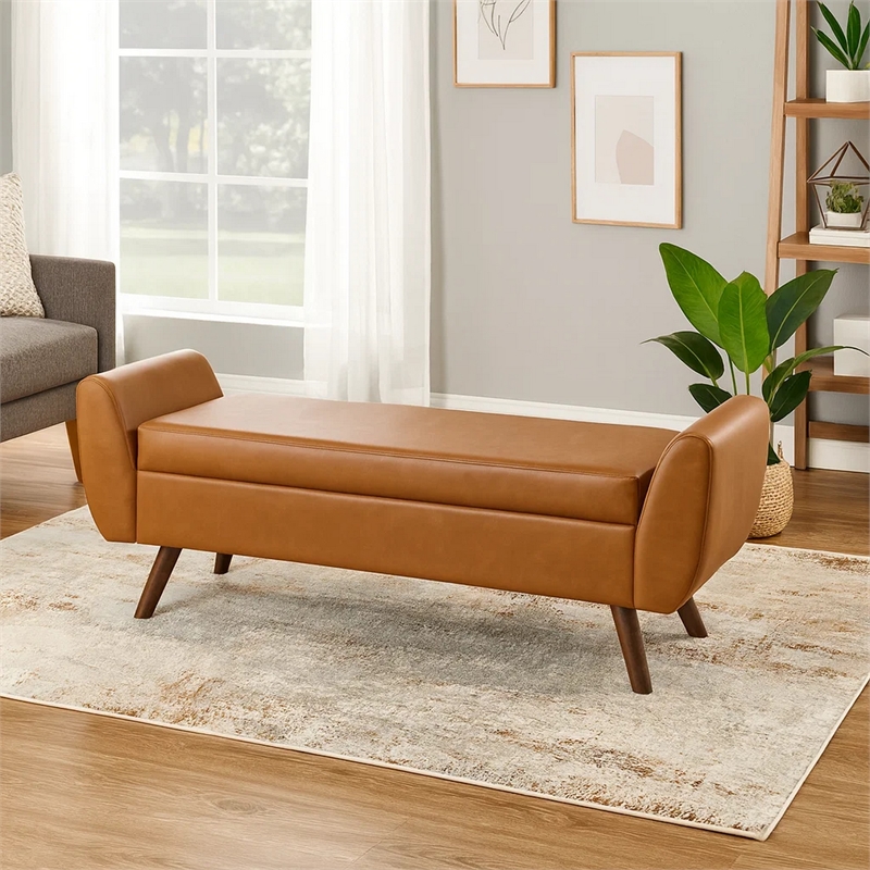 Benjara Rae Storage Bench Ottoman with Arms- Brown Faux Leather- Wood- 60 Inch