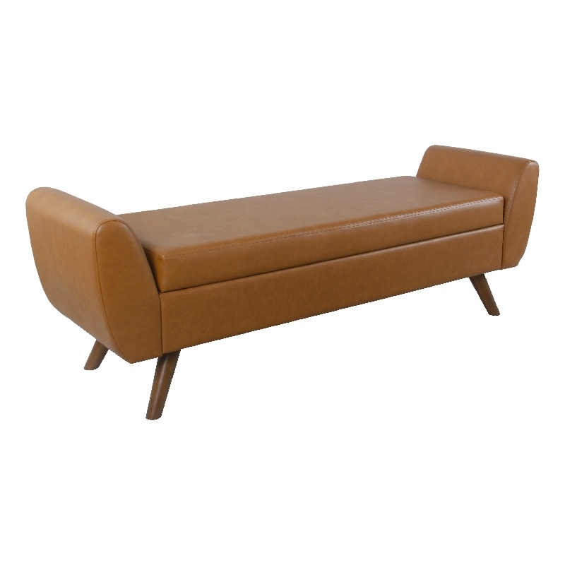 Benjara Rae Storage Bench Ottoman with Arms- Brown Faux Leather- Wood- 60 Inch