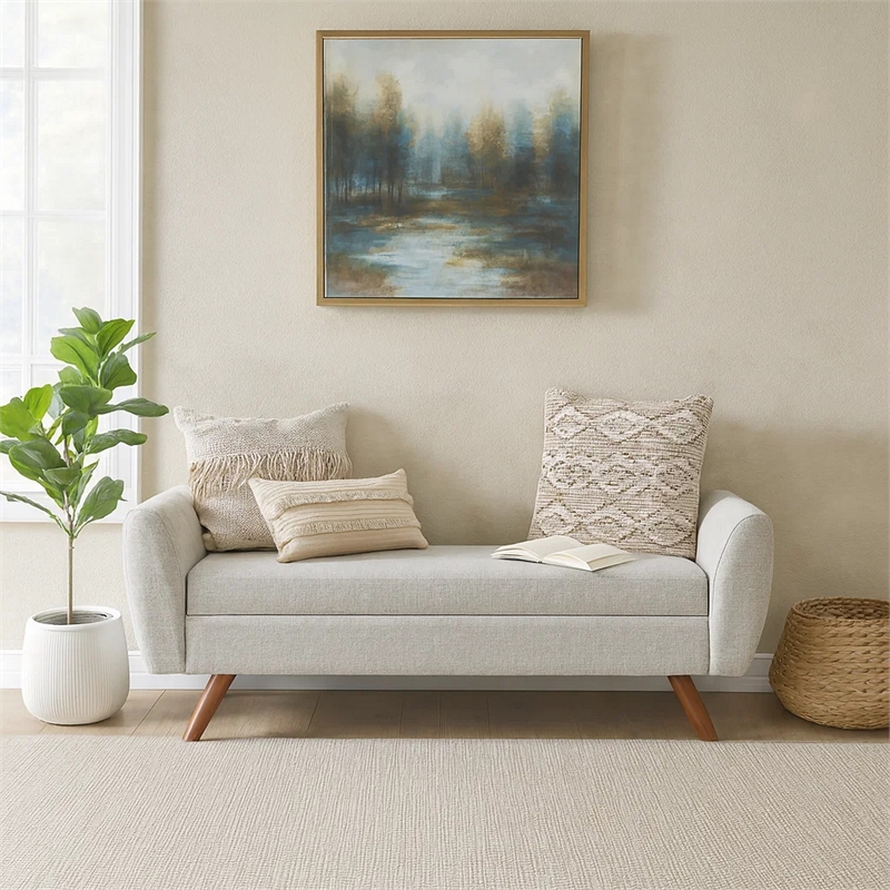 Benjara Rae Storage Bench Ottoman with Arms- Light Gray Woven Fabric- 60 Inch