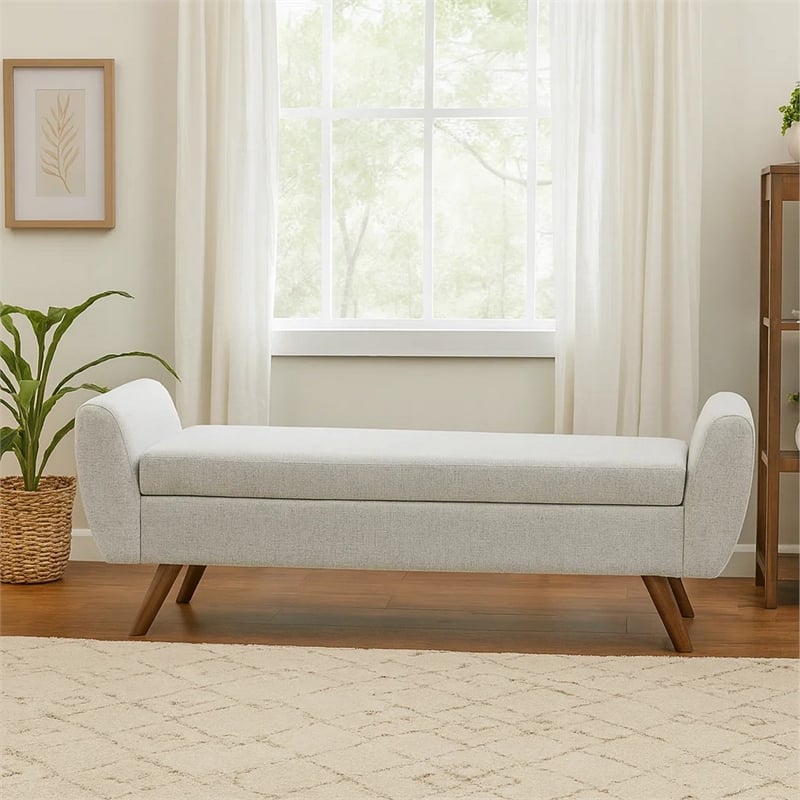 Benjara Rae Storage Bench Ottoman with Arms- Light Gray Woven Fabric- 60 Inch