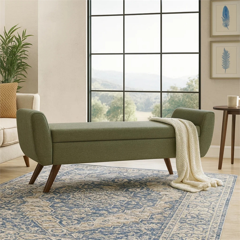 Benjara Rae Storage Bench Ottoman with Arms- Olive Green Woven Fabric- 60 Inch
