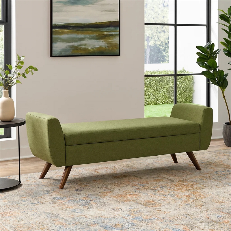 Benjara Rae Storage Bench Ottoman with Arms- Olive Green Woven Fabric- 60 Inch