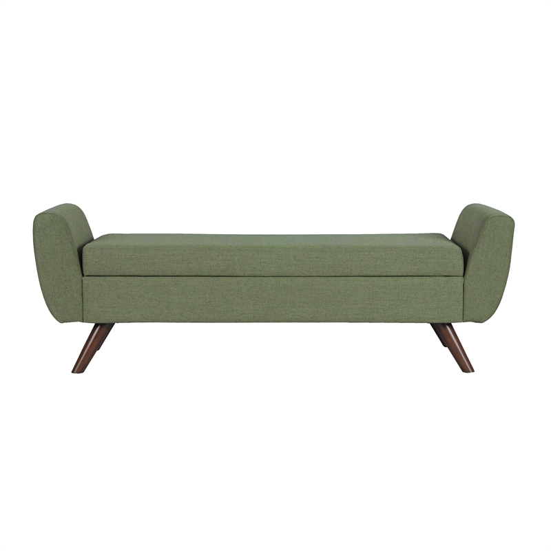 Benjara Rae Storage Bench Ottoman with Arms- Olive Green Woven Fabric- 60 Inch