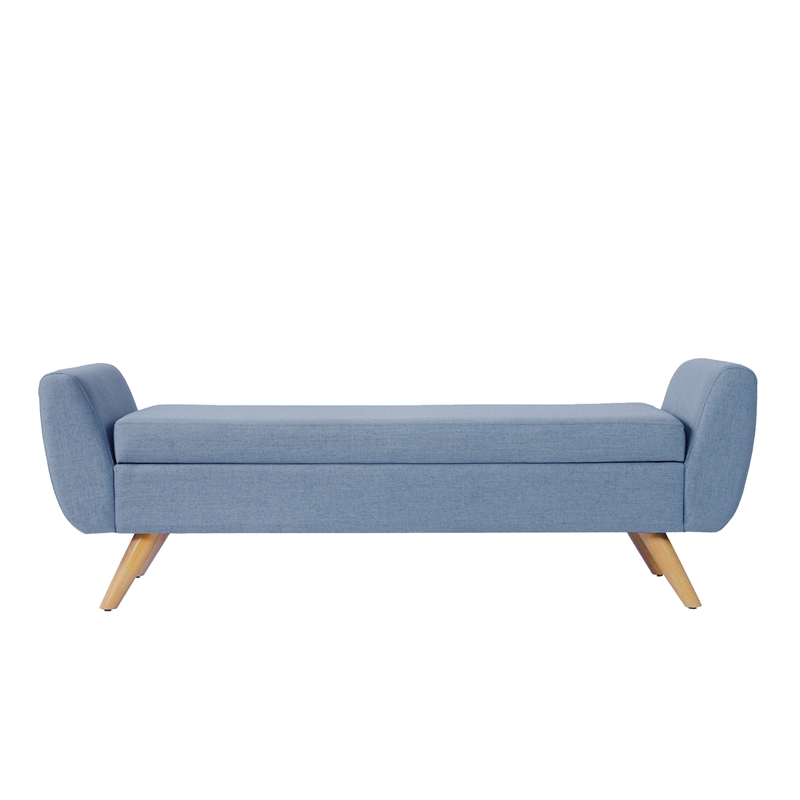 Benjara Rae Storage Bench Ottoman with Arms- French Blue Woven Fabric- 60 Inch