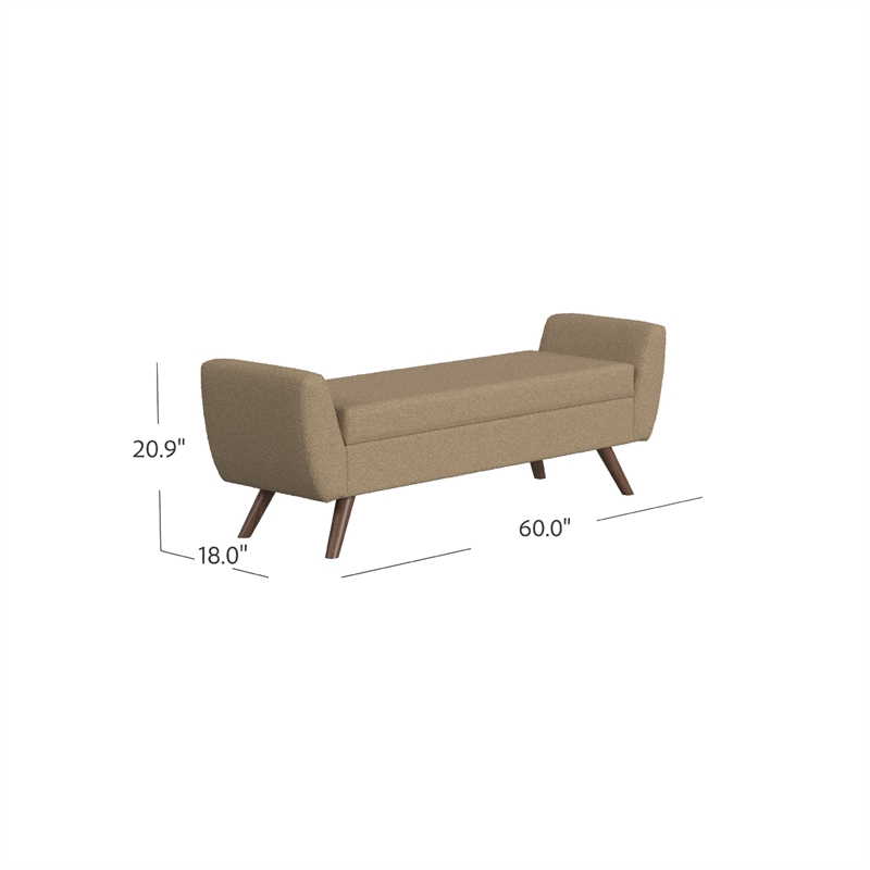 Benjara Rae Storage Bench Ottoman with Arms- Light Brown Boucle- 60 Inch