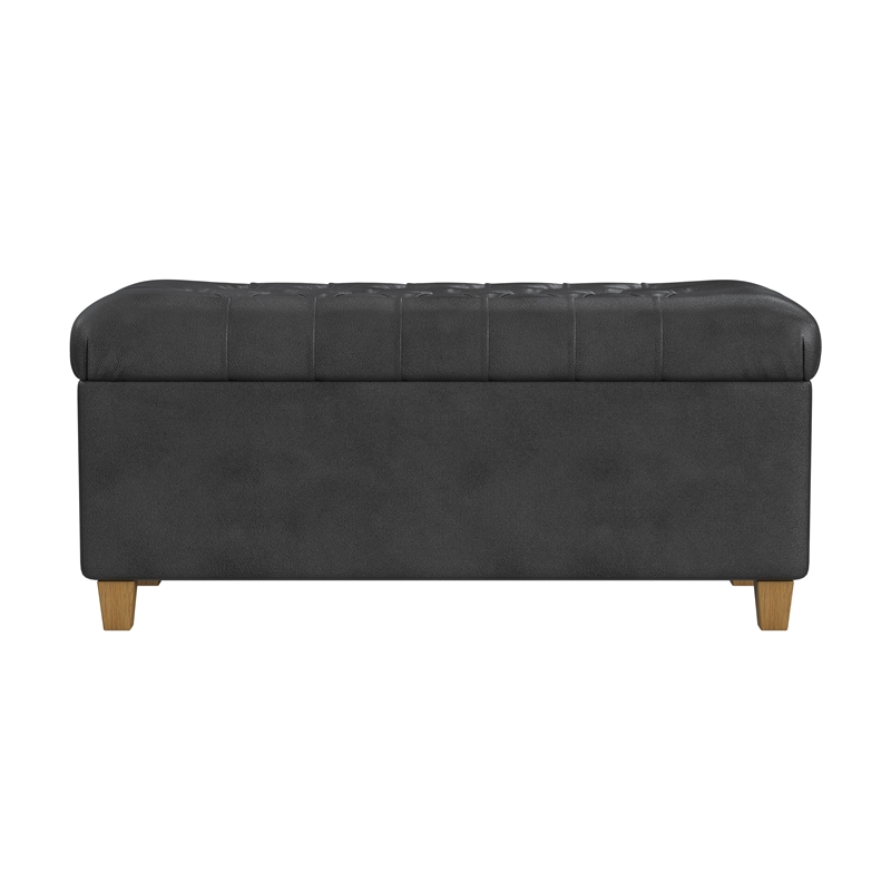 Benjara Bea Storage Ottoman Bench with Tufted Black Faux Leather- 40 Inch