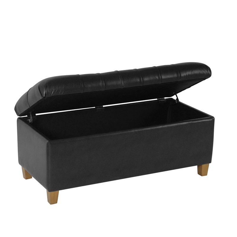 Benjara Bea Storage Ottoman Bench with Tufted Black Faux Leather- 40 Inch