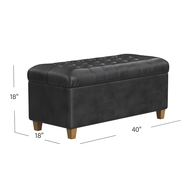 Benjara Bea Storage Ottoman Bench with Tufted Black Faux Leather- 40 Inch